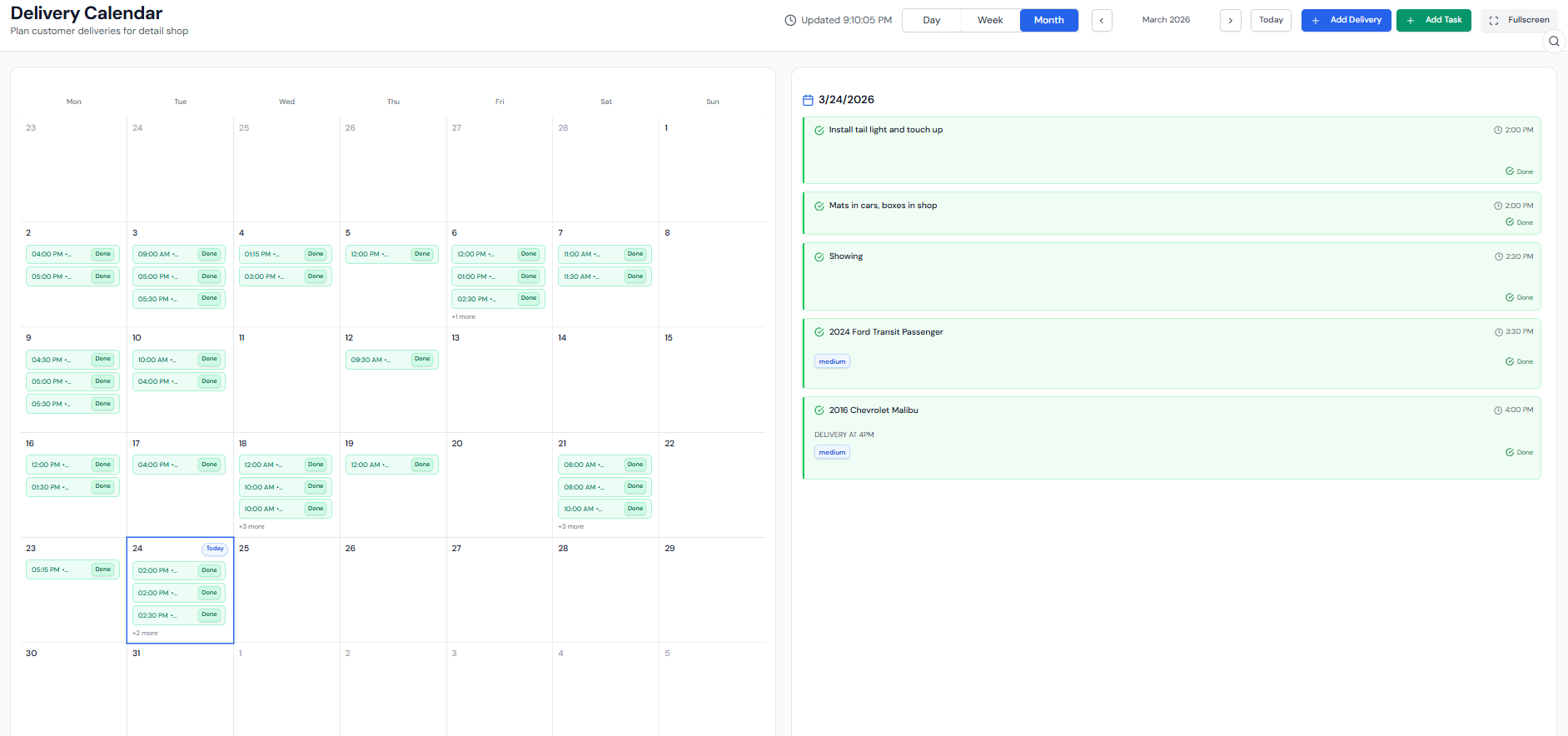 Dealership delivery scheduling calendar for tracking customer handoffs